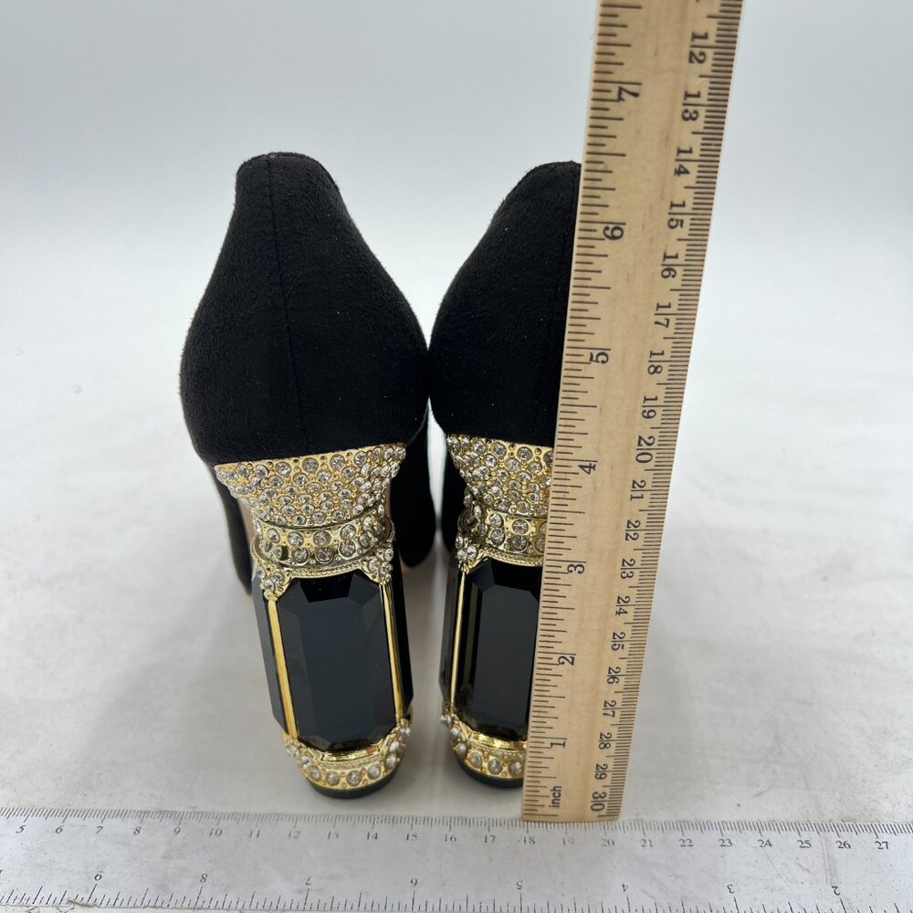 FSJ Black Bridal Pointed Toe Chunky High Heel Crystal Pumps Slip on Wedding Shoe - Picture 5 of 8